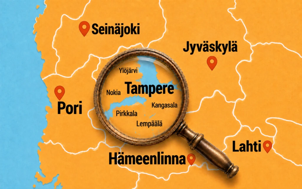 Kuvituskartta, jossa Tampere ja lähikunnat näkyvät suurennuslasin alla